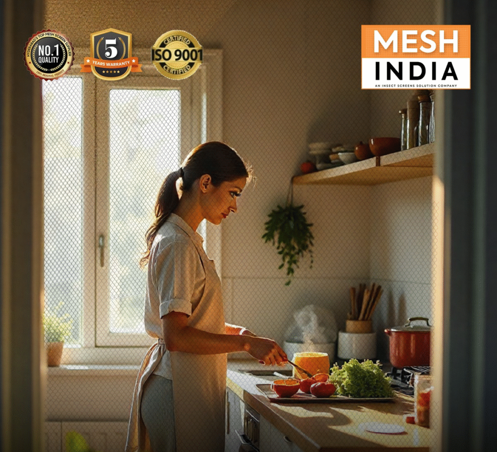 Woman cooking in a bright kitchen protected with mosquito net doors and windows, promoting a safe, airy, and hygienic home by MeshIndia.